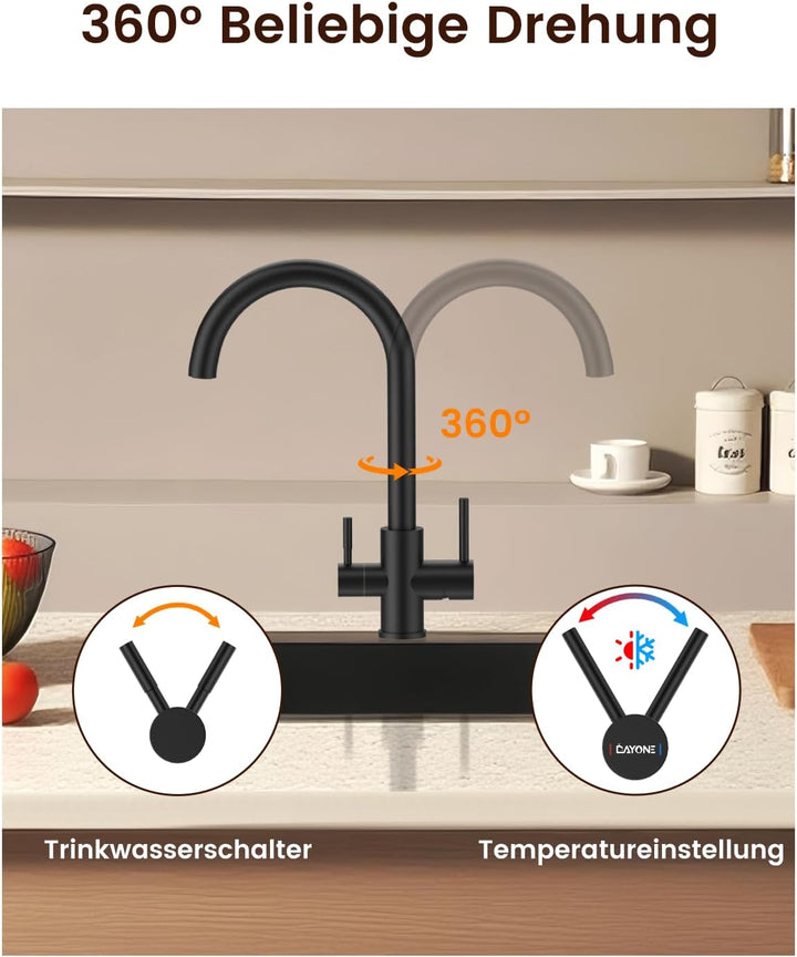 DAYONE Schwarz 3-Wege Wasserhahn für Küche, Trinkwasserhahn mit 2 Hebel, 360° Drehbar Küchenarmatur