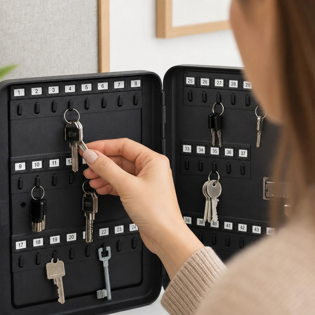 HMF 14500-02 Schlüsselkasten mit Zahlencode | 45 Haken | 30 x 24 x 7,5 cm | Schwarz, 30 x 24 x 7,5 c