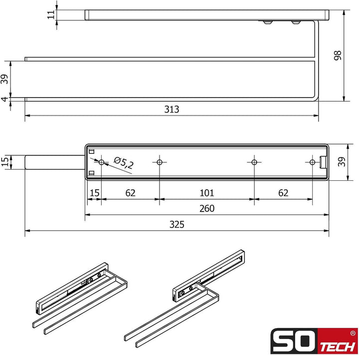 SOTECH Handtuchauszug Style 2-armig schwarz 325 mm Auszugsweg 145 mm | Handtuchhalter für Seitenmont