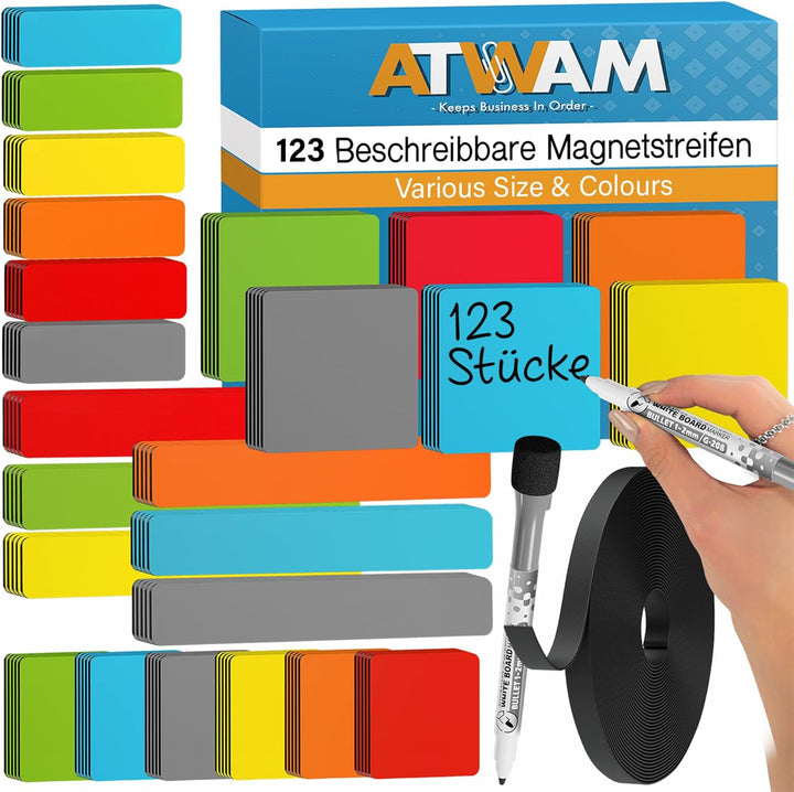 ATWAM - 123 Beschreibbare Magnete - Zubehör MEGA Set - 4 Verschiedene Grössen - 6 Magnetstreifen Bes