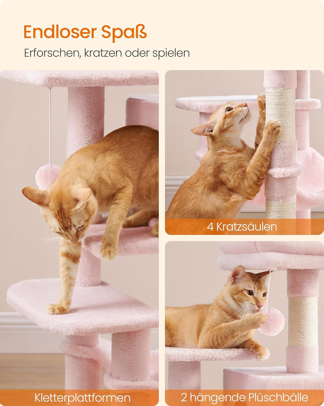 Feandrea Kratzbaum, 112 cm hoch, Katzenbaum, mehrstöckiges Katzenhaus, mit 4 Kratzsäulen, 2 Plattfor