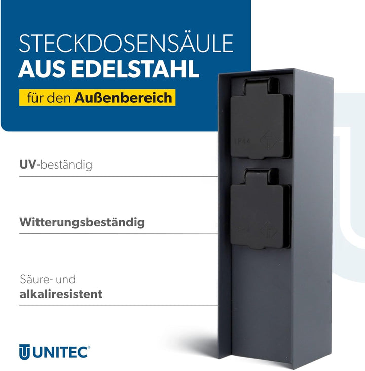 Unitec Steckdosenverteiler für den Garten, Steckdosensäule, Aussensteckdose, Edelstahl IP 44, 2 Stec