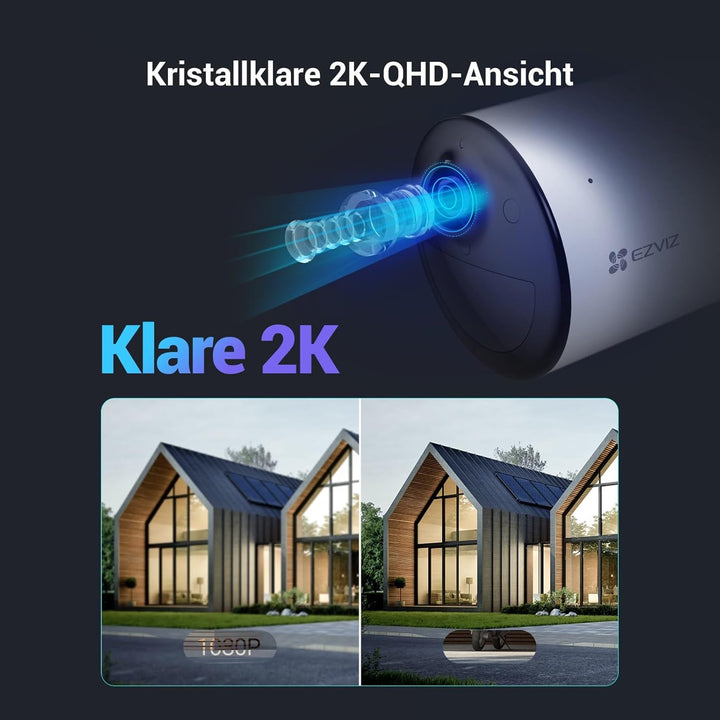 EZVIZ 2K Akku Kamera, 100% kabellose Aussenkamera mit AOV-Modus und Farbnachtsicht, KI Personen-/Fah
