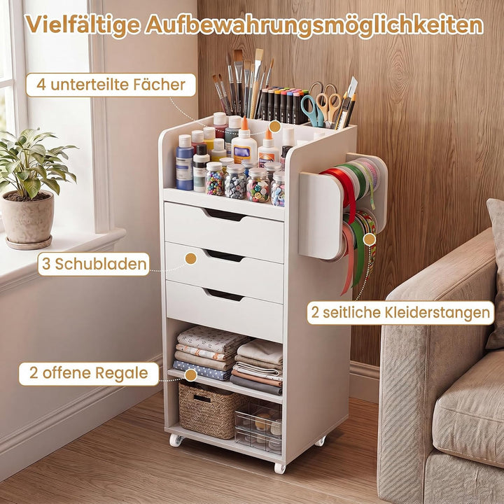 COSTWAY Rollcontainer mit 3 Schubladen, Rollwagen auf Rollen (Weiss), Weiss