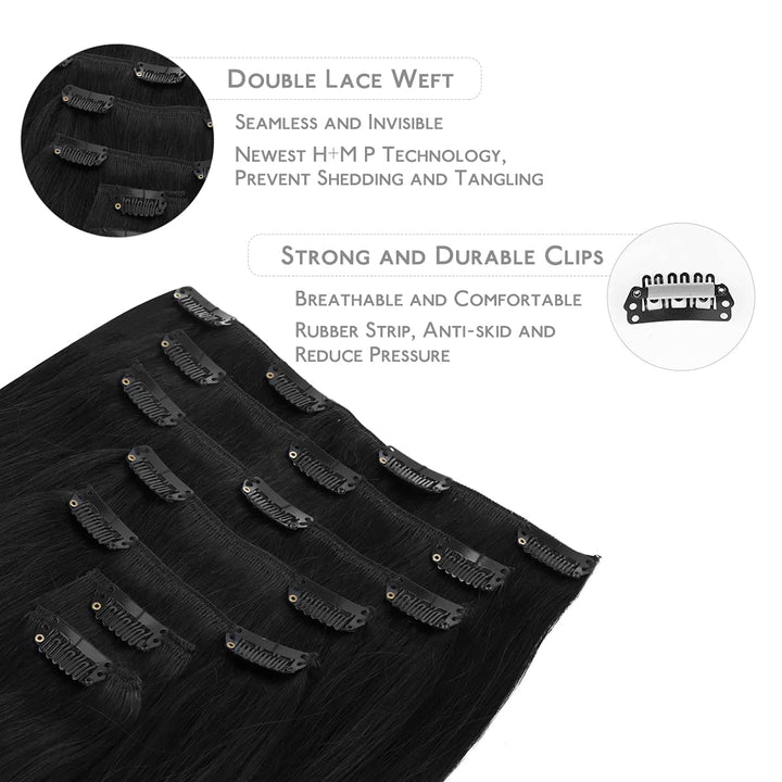 WENNALIFE Clip in Extensions Echthaar, 45cm 18 Zoll 120g 7pcs Tief Schwarz Hair Extensions Clip in E