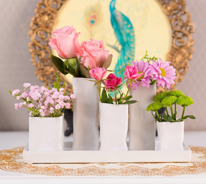 Jinfa Handgefertigte kleine Keramik Deko Blumenvasen Set aus 5 Vasen in weiss 5 Vasen Weiss, 5 Vasen