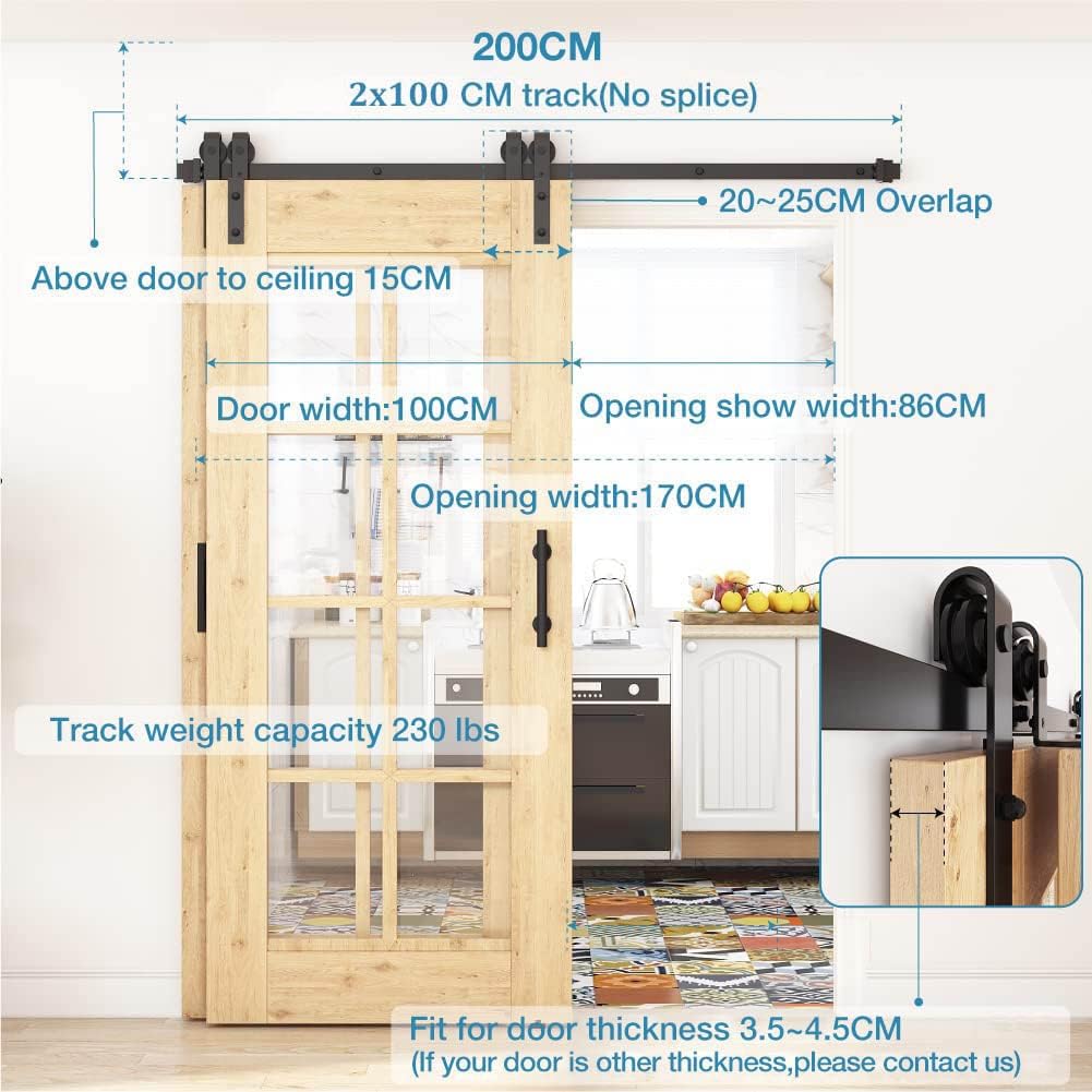 WINSOON 200CM/6.6FT Schiebetür Komplettset Bypass Doppeltür Schiebetürschiene Schiebetür, Schwarz Sc