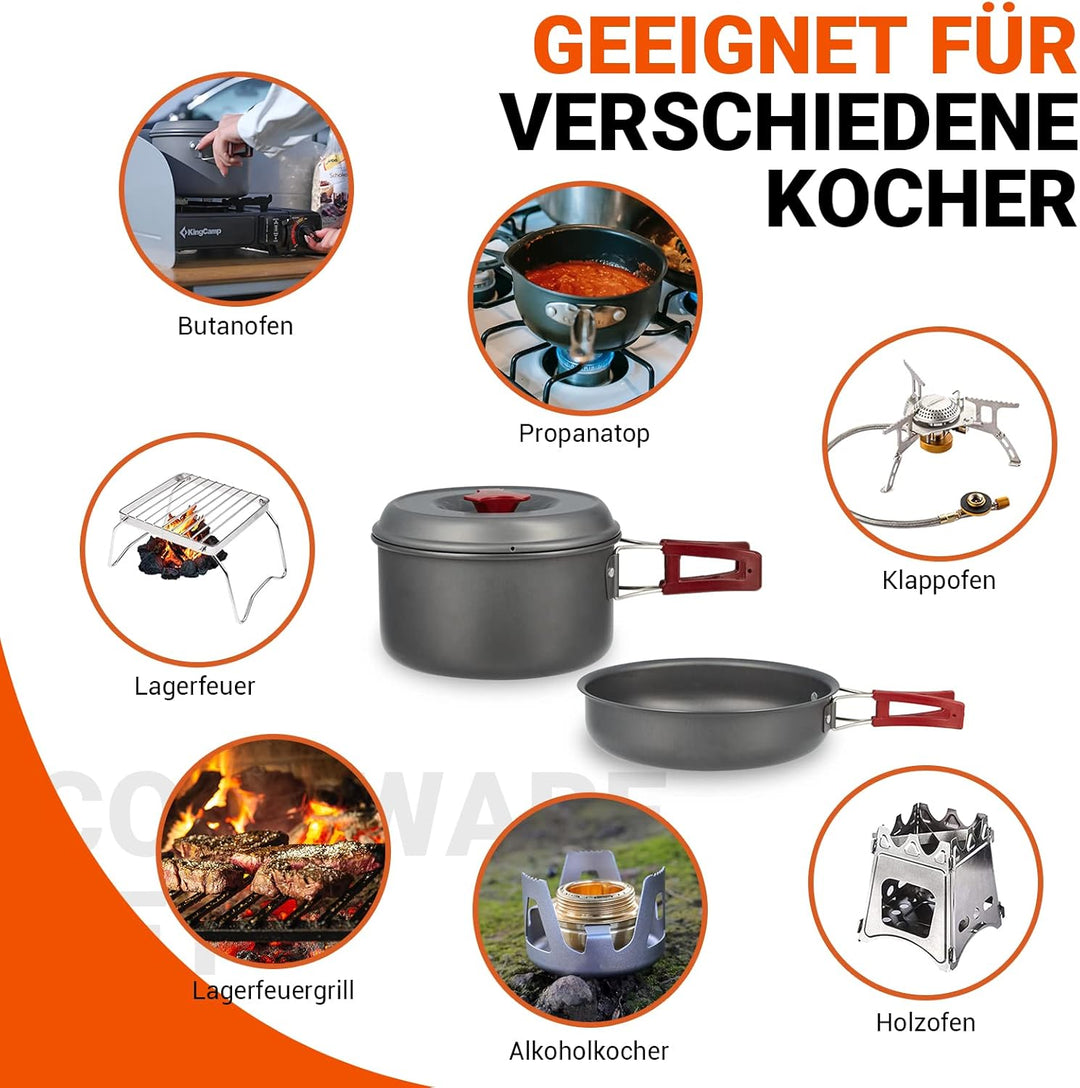 Bulin Camping Kochgeschirr Set,Outdoor Geschirr Set Aluminium,Camping Töpfe und Pfannen für 1-2 Pers