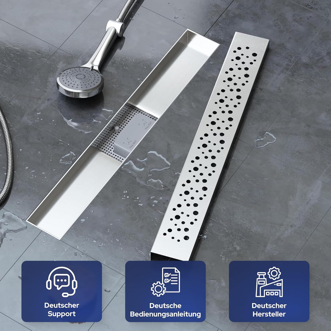 VILSTEIN Duschrinne 110cm, Edelstahl Bodenablauf Komplettset, extra flach, Siphon mit Geruchsstop, H