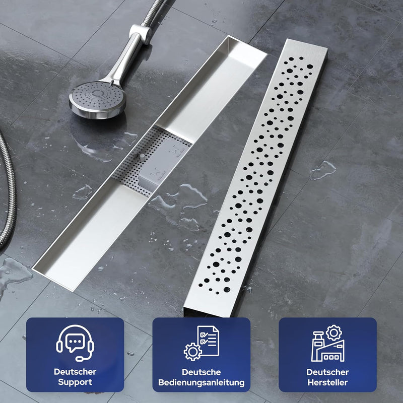 VILSTEIN Duschrinne 80cm, Edelstahl Bodenablauf Komplettset, extra flach, Siphon mit Geruchsstop, Ha