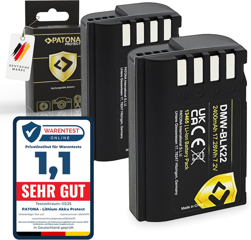 PATONA 2X Protect V1 Akku DMW BLK22 BLK22E (2400mAh) - kompatibel mit Panasonic DC G9 S5 S5K GH5 GH5