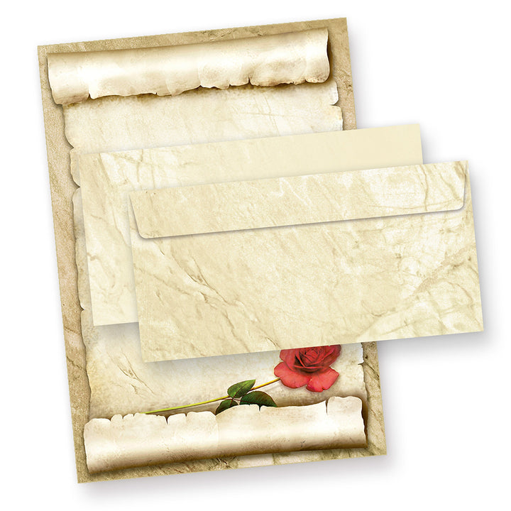 TATMOTIVE ROTE ROSE Briefpapier Set für Liebesbriefe (25 Sets) A4 Papier beidseitig + Umschläge Lieb