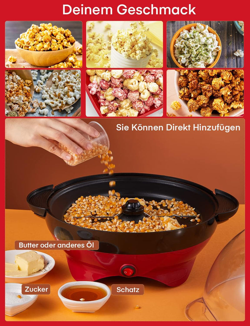 Popcornmaschine, 5L Popcorn Maker für Zuhause, Popcorn Machine mit Zucker, Öl, Butter, Antihaftbesch