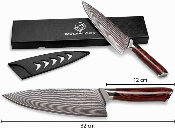 Wolfblood Damastmesser Küchenmesser XL (32cm) TÜV geprüfter 62 HRC Damaststahl aus 67 Lagen I Damast