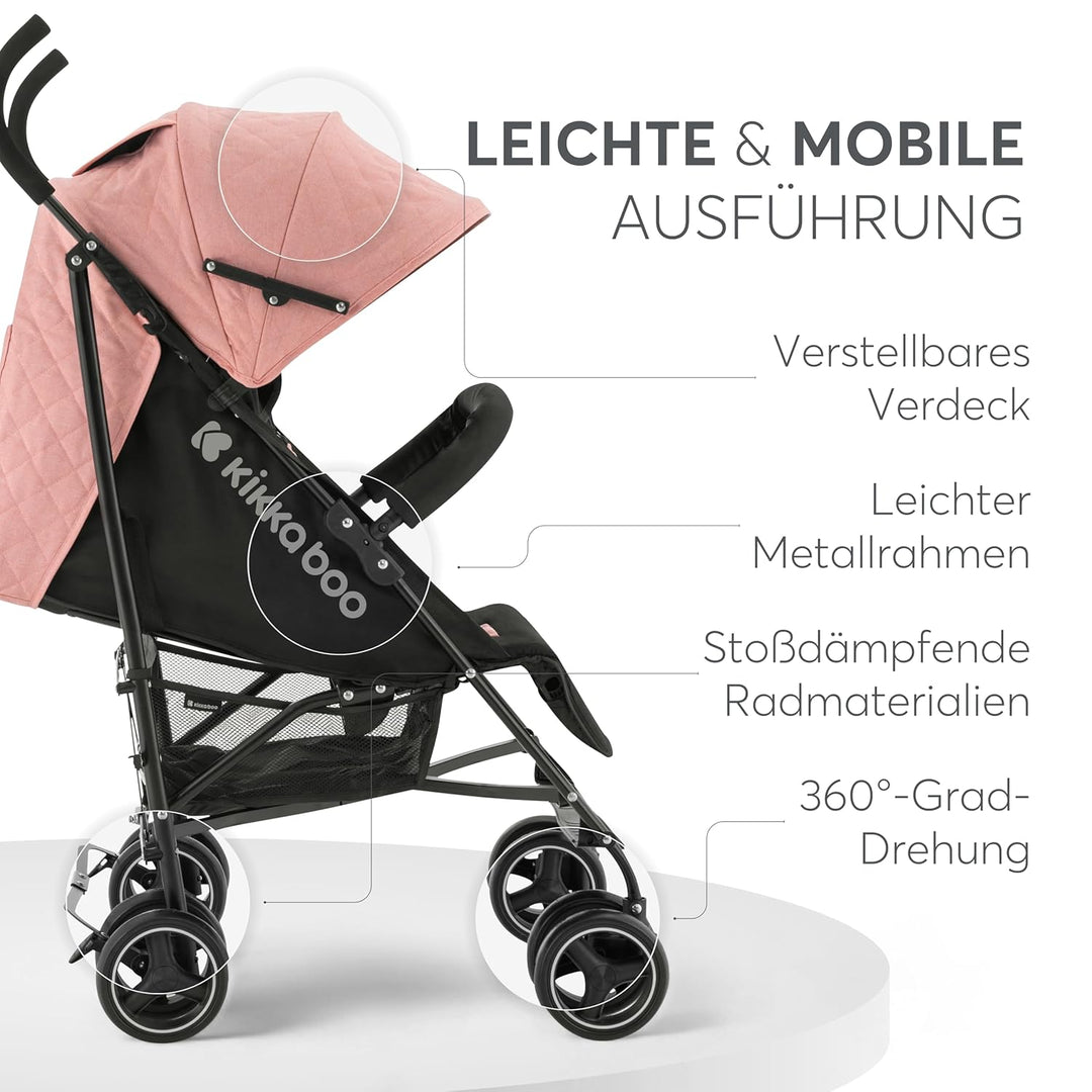 KikkaBoo BEETLE Kinderwagen, Babysportwagen bis zu 22 kg, Zusammenklappbar, Leicht, Kompakt, Rosa, R