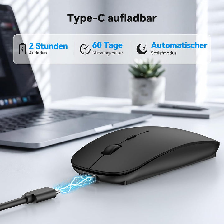 TECKNET Bluetooth Maus USB-C &amp; USB-A, Slim Kabellose Maus mit 4 Tasten Schwarz, Schwarz