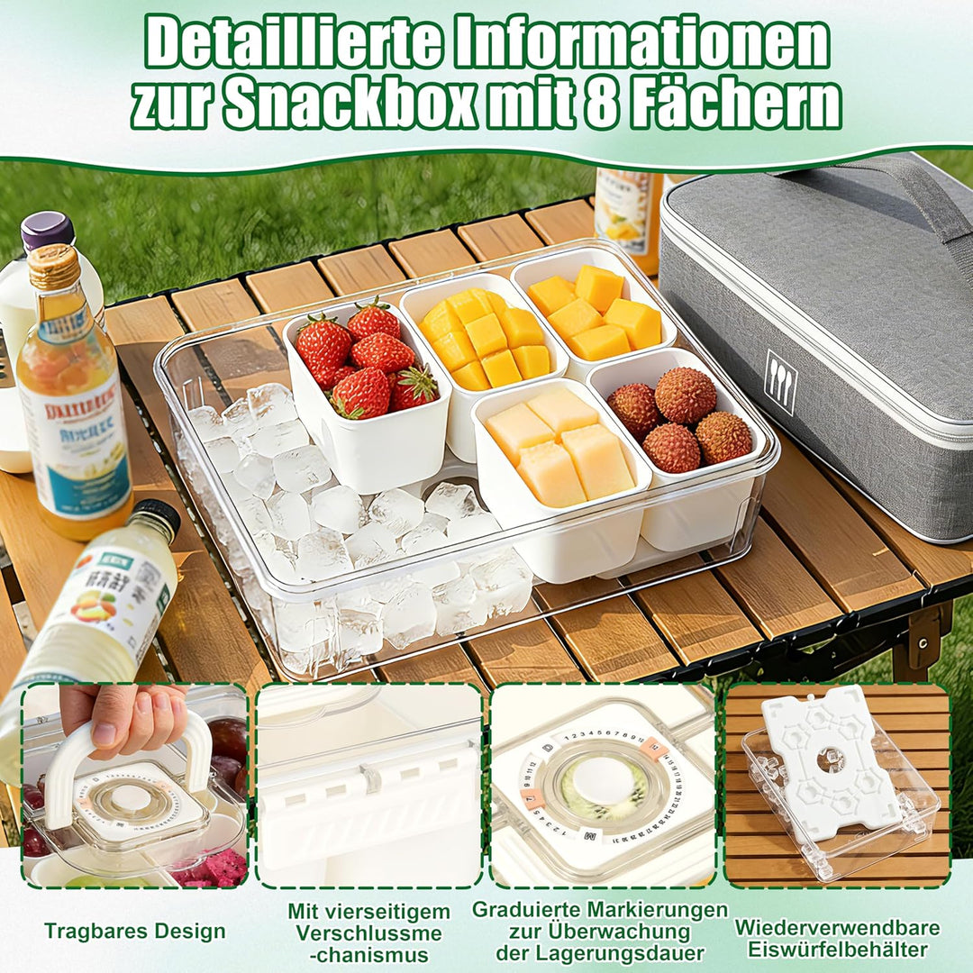 IEEILULU Snackbox mit 8 Fächern, Snackbox mit Kühlakku und Tragetasche für Obst, Snacks, Saucen usw,