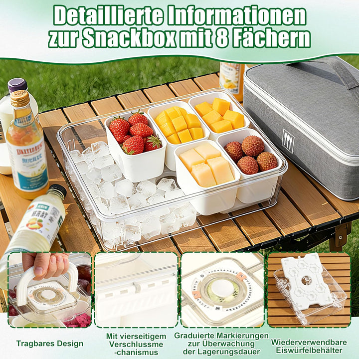 IEEILULU Snackbox mit 8 Fächern, Snackbox mit Kühlakku und Tragetasche für Obst, Snacks, Saucen usw,