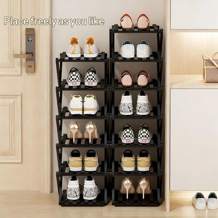 Kleines Schuhregal Schwarz, 6 Ebenen Bambus Klappbares Schuhorganizer Freistehendes Regal für Eingan