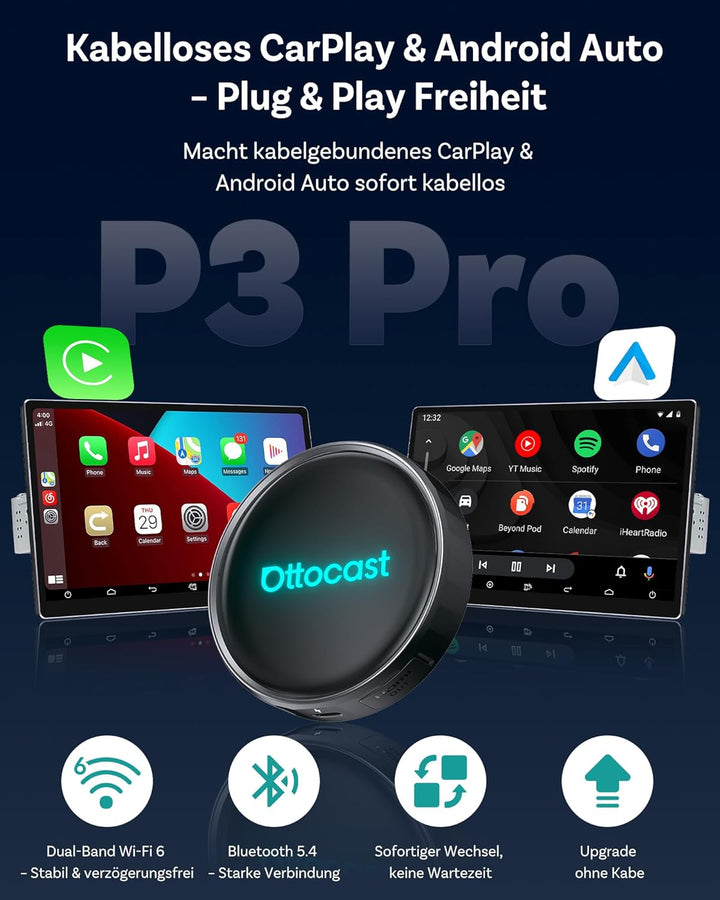 Ottocast P3 Pro, Wireless CarPlay & Android Auto Adapter mit Android 13, Snapdragon SM6225, 8GB RAM+