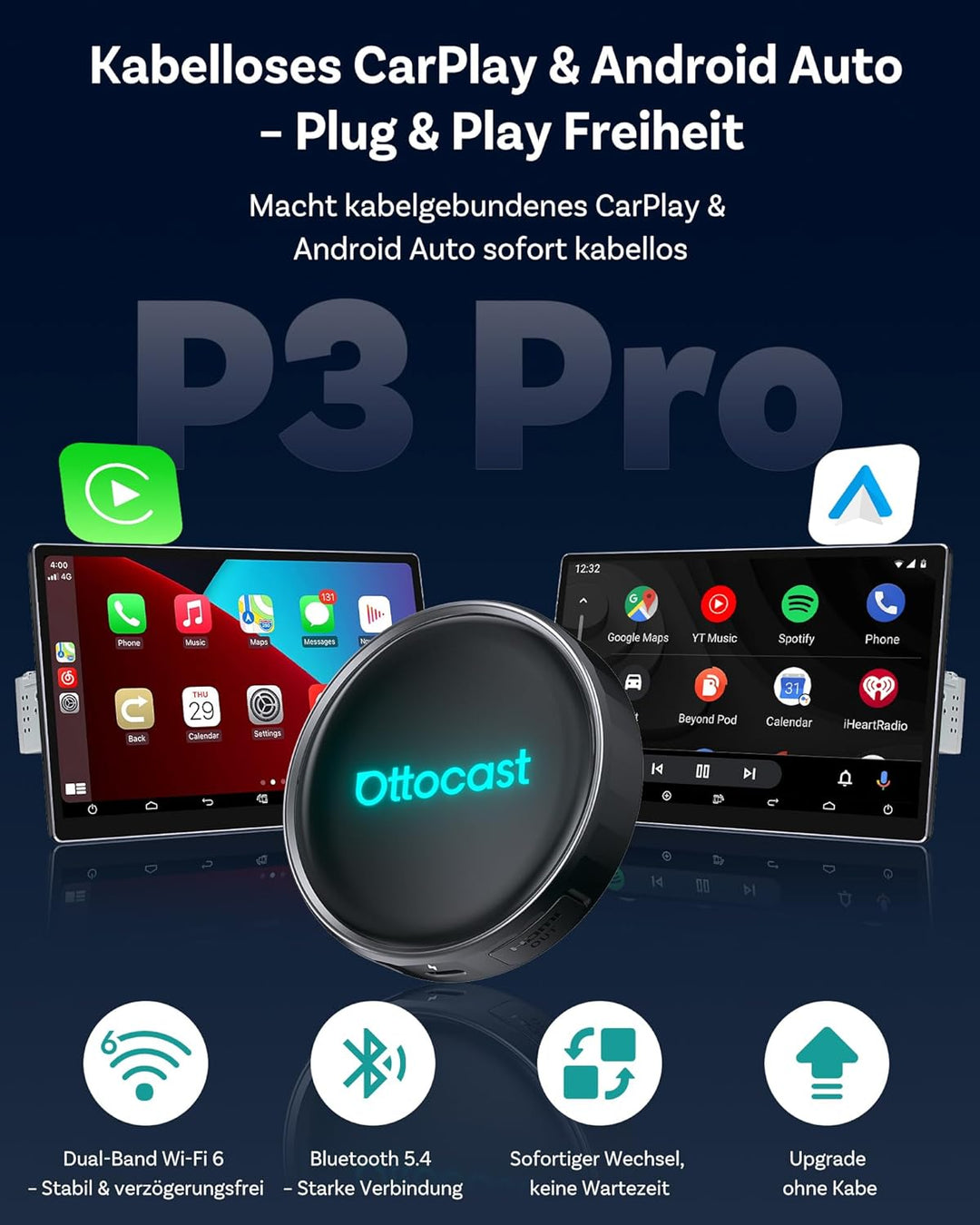 OTTOCAST P3 Pro CarPlay AI Box – Kabelloses CarPlay &amp; Android Auto | Android 13, Snapdragon, 8GB+128