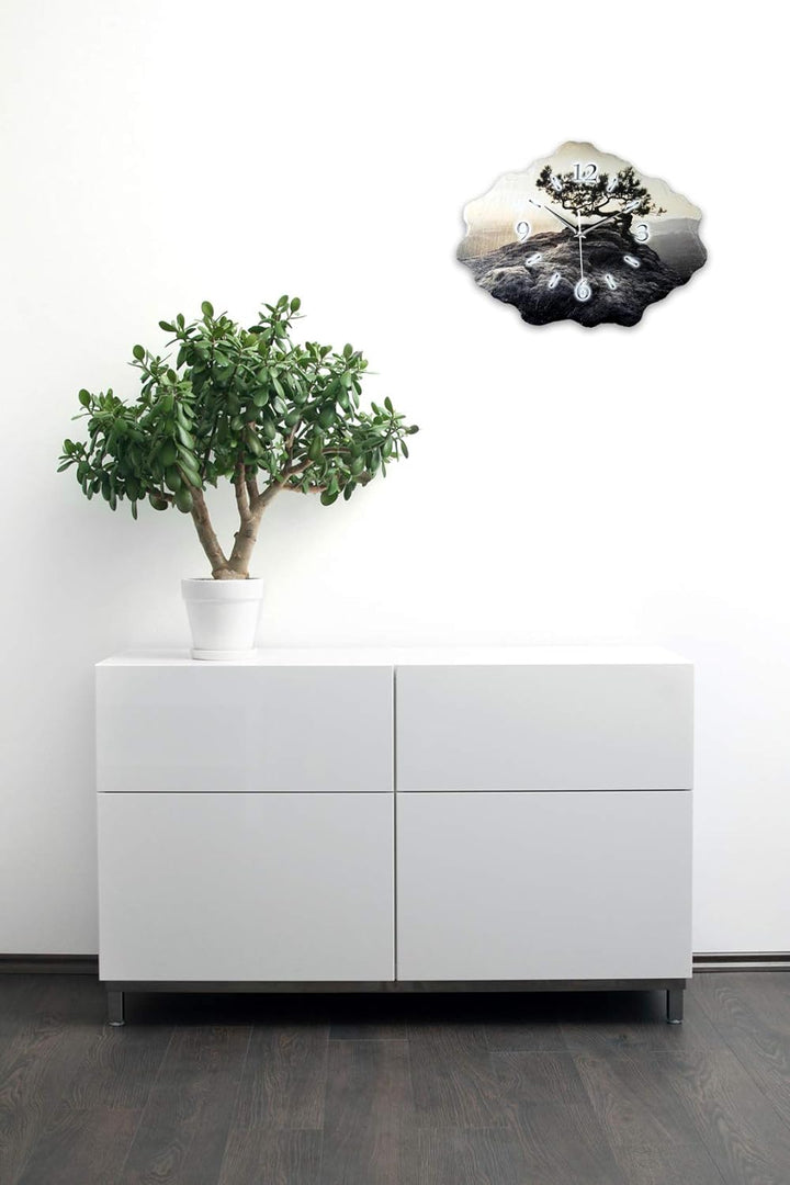 Kreative Feder Designer-Wanduhr aus Stein (Beton) mit flüsterleisem Uhrwerk - Baum Einsam (leises Fu