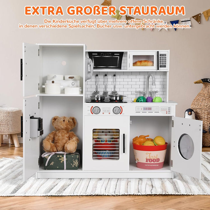 MAMIZO Kinderküche Holz, Spielküchen aus Holz für Kinder, Spielzeugküche mit Licht und Sound, 82x80x