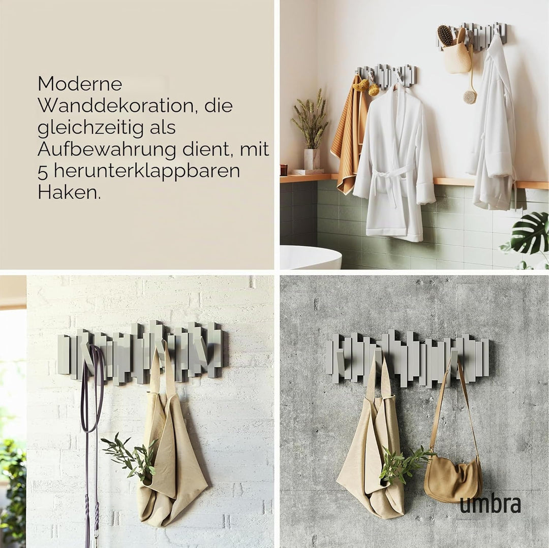 Umbra Stäbchen Garderobenhaken – Moderne und Platzsparende Garderobenleiste mit 5 Beweglichen Haken
