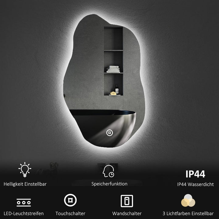 Boromal Asymmetrischer Spiegel mit Beleuchtung LED Badspiegel mit Beleuchtung 52x85cm LED Spiegel mi