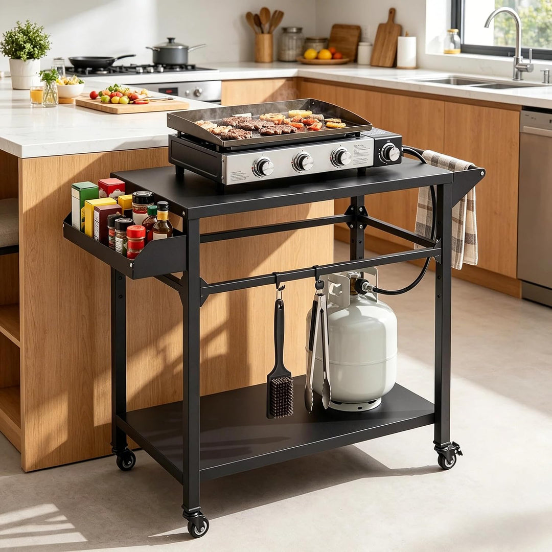 KOMFOTTEU Grillwagen mit 2 Ebenen, Gartenwagen mit Handtuchhalter &amp; Gewürzregal, Servierwagen für de