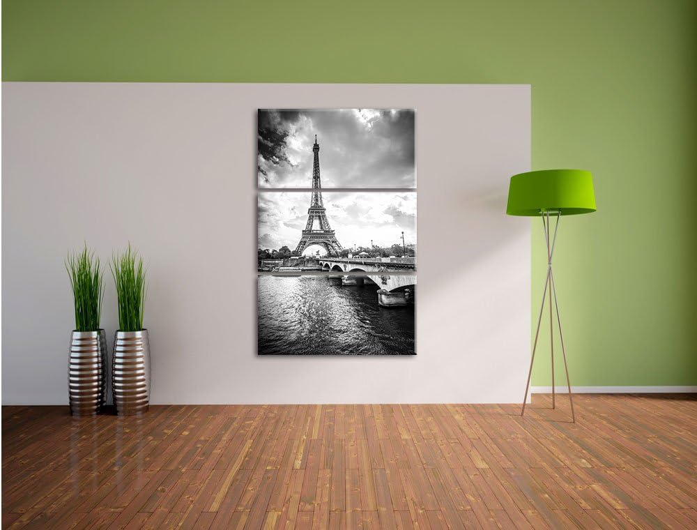 Pixxprint Eiffelturm in Paris Kunst B&W / 3-Teilig/Gesamtmass 120cm Leinwandbild bespannt auf Holzra