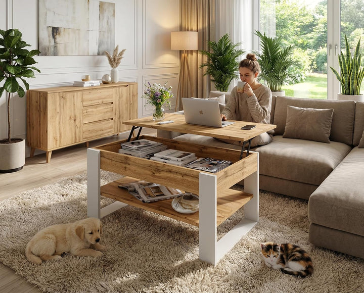 Couchtisch mit anhebbarer Platte | Höhenverstellbarer Wohnzimmertisch mit Stauraum | Sofatisch Eiche