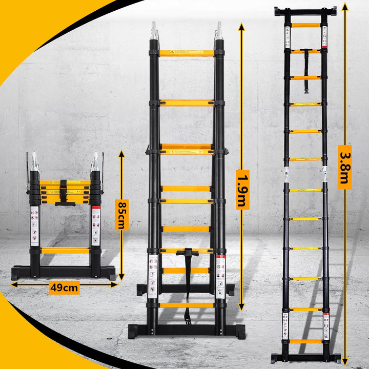 Eulenke teleskopleiter klappleiter 1,9M+1,9M Aluleiter 6+6 Stufen Stehleiter Klappleiter, 150 kg Bel