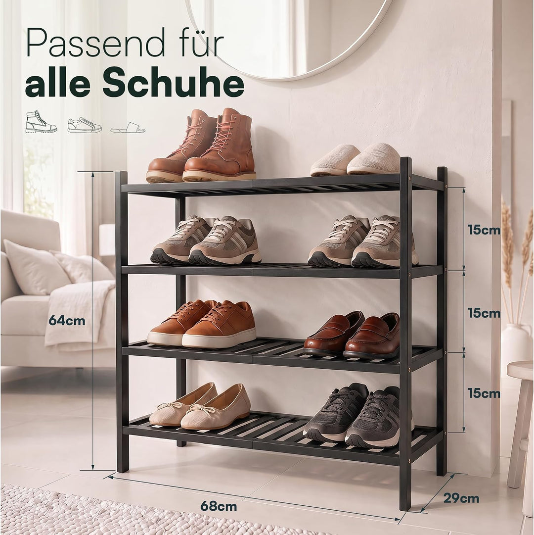 Schuhregal aus Bambus, Schuhablage mit 4 Ebenen, 68 x 28 x 64 cm, Erweiterbar Stapelbar, Schuhschran