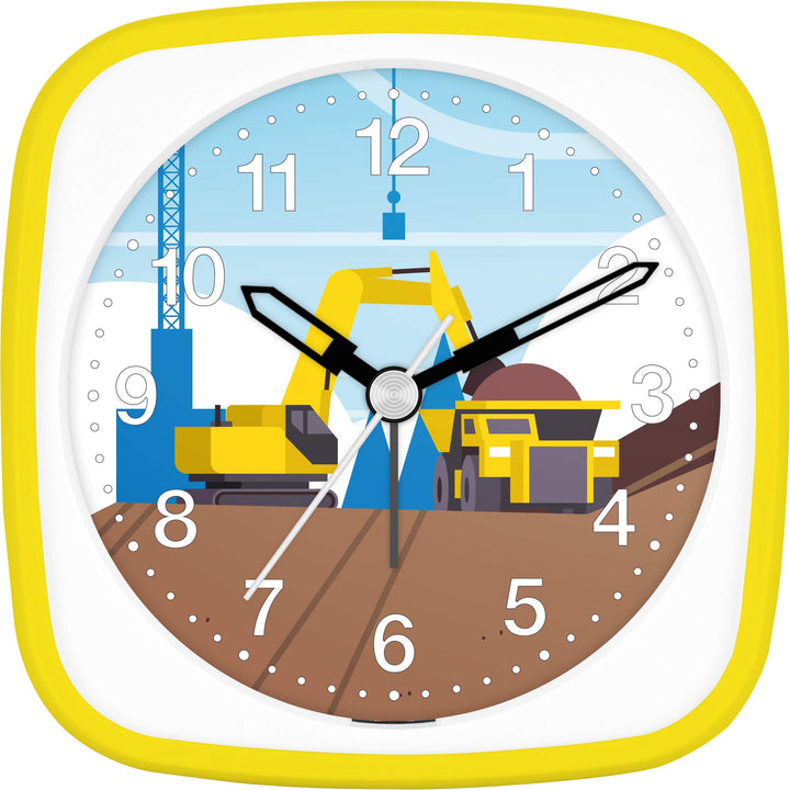 Eurotime Wecker Jungen Baustelle LKW Bagger, Kinderwecker, Gelb, Kunststoffgehäuse und Kunststoffgla