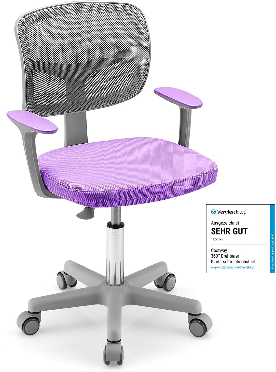 COSTWAY 360° Drehbarer Kinderschreibtischstuhl, 80-91,5 cm Höhenverstellbarer Jungendstuhl mit Rücke