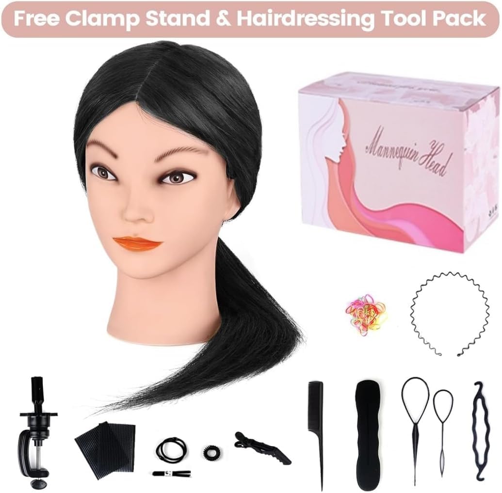 TopDirect Friseur Übungskopf 45cm mit 100% realistischem Kunsthaar, Schwarz Naturschwarz, Naturschwa