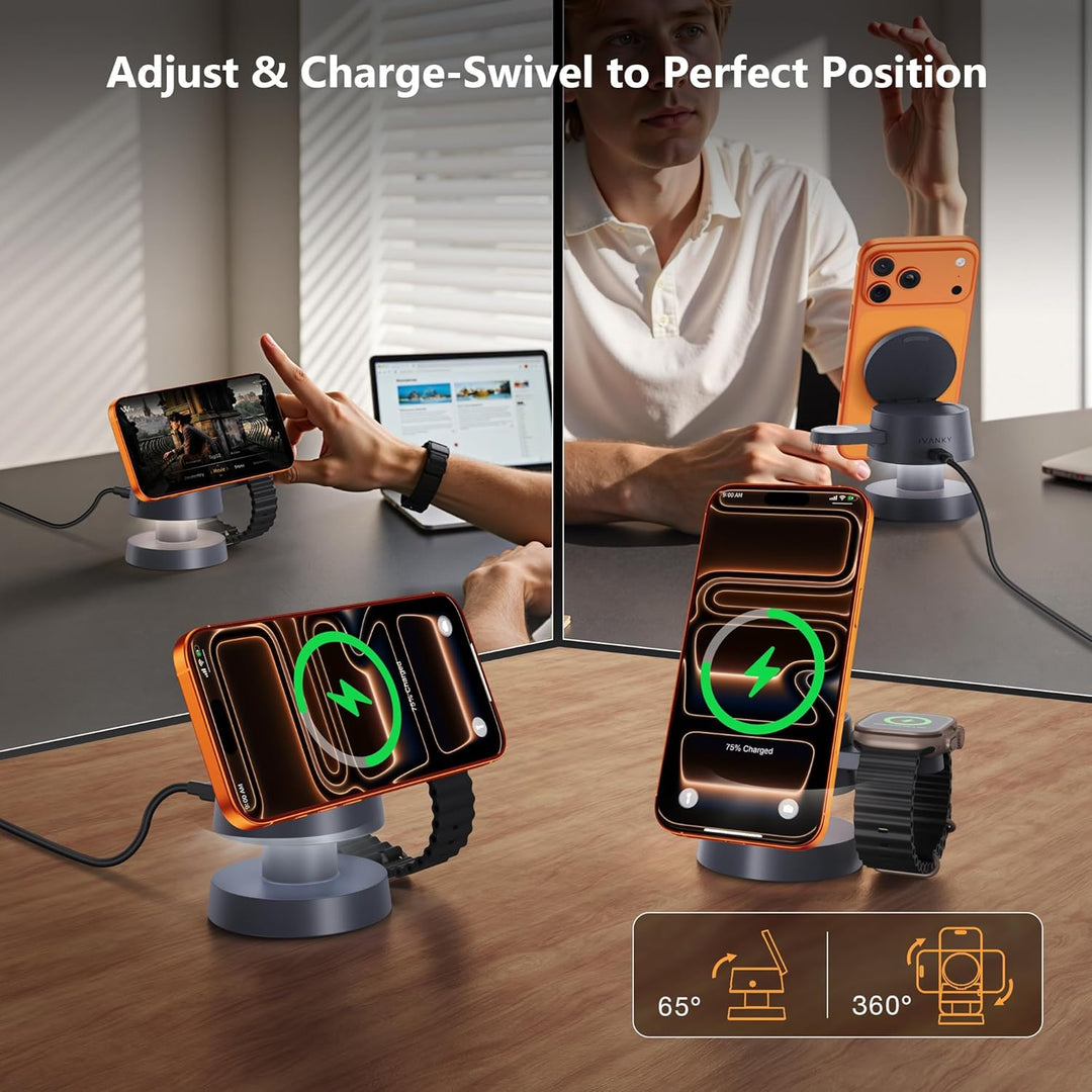 iVANKY 4 in 1 Wireless Ladegerät für iPhone 17 Ladestation mit Nachtlicht, 15 W 3 in 1 Reiseständer