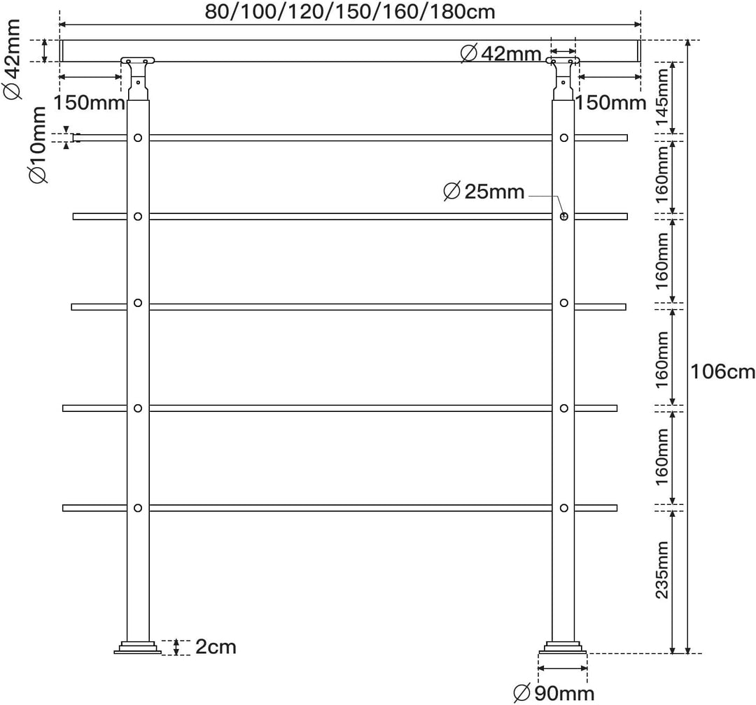 Ikodm Handlauf Edelstahl Treppengeländer Aussen & Innen 150 cm, Ø42mm mit 5 Querstreben und Zubehör,