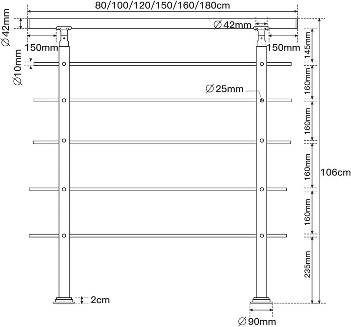 Ikodm Handlauf Edelstahl Treppengeländer Aussen & Innen 150 cm, Ø42mm mit 5 Querstreben und Zubehör,