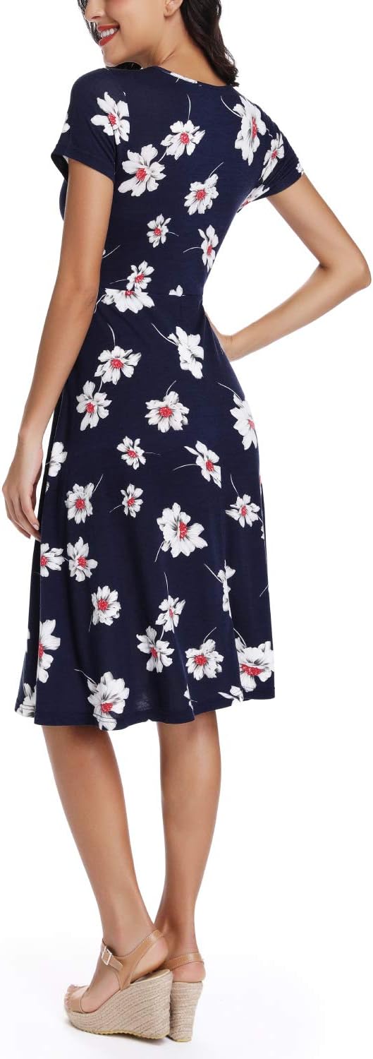 EXCHIC Damen Freizeit Rundhals A-Linie Kurzarm Midi Kleid Elegant Blumen Sommer Knielang Kleider L 3