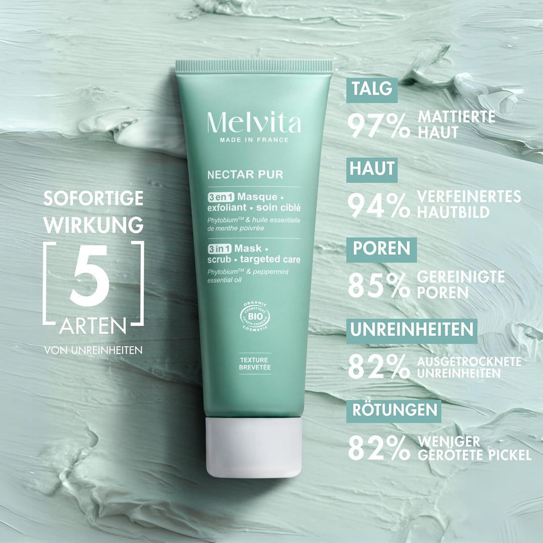 Melvita - 3-in-1 Peeling-Maske - Nectar Pur - Mischhaut bis fettige Haut - "Tonerde-ähnliche" Textur