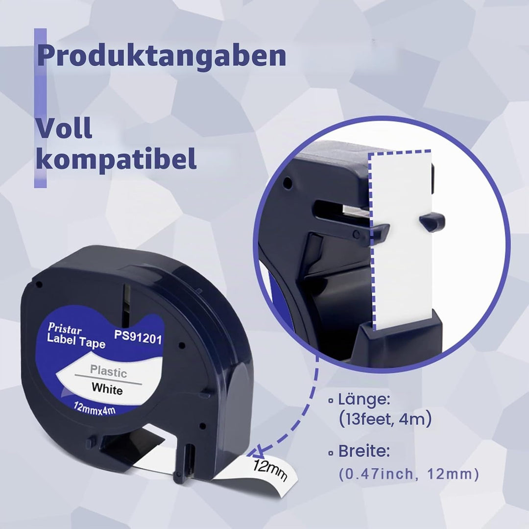 Pristar 8x Etikettenband für Dynmo Kunststoff Schriftband 91221 91201 12mm x 4m Kompatible für Dynmo
