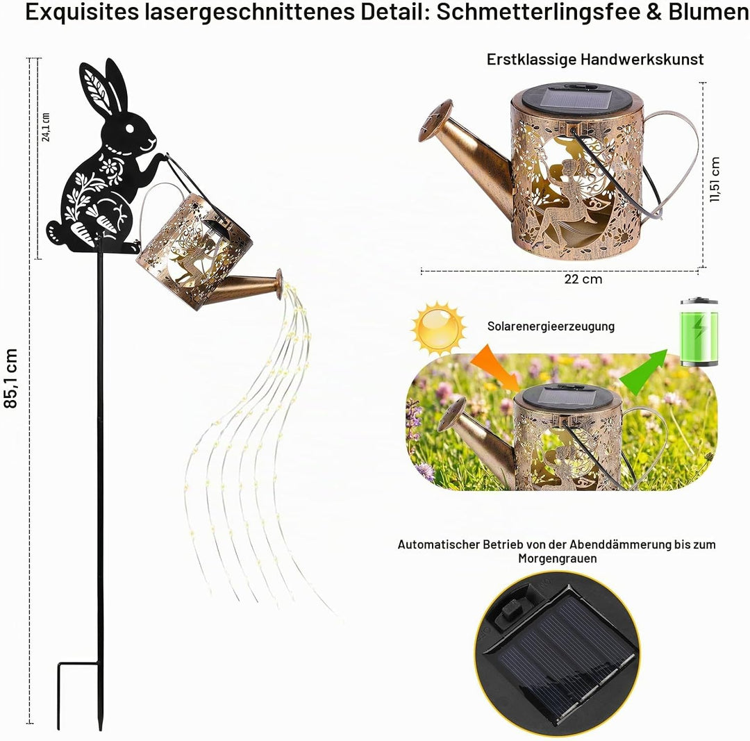 Solargiesskanne-Licht mit Hasen-Silhouette-Stecker &amp; Feendesign – Kaskaden-LED-Lichterkette für Gart