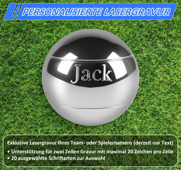 Boule Set mit Boccia Kugeln & Gravur – Personalisierte Petanque Metallkugeln (73mm/720g) mit Abstand