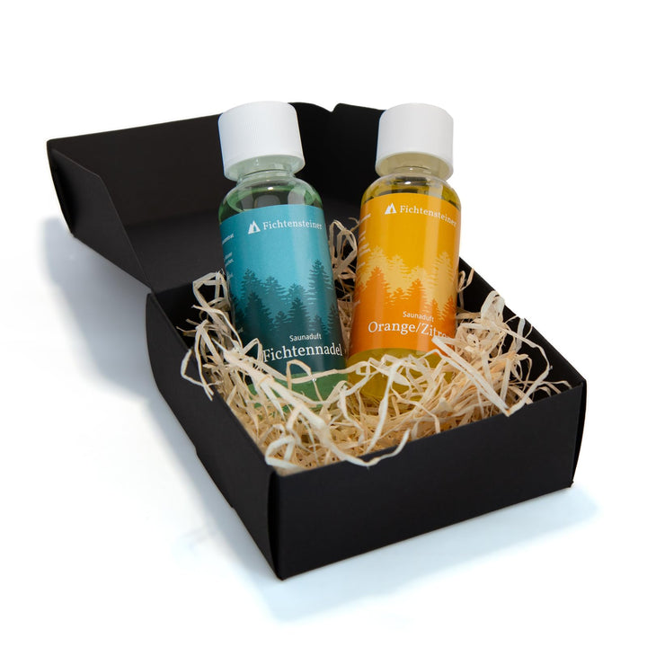 Saunaaufguss Geschenkset Fichtennadel, Orange/Zitrone - 2x 100ml Sauna Aufgussmittel in edler mattsc