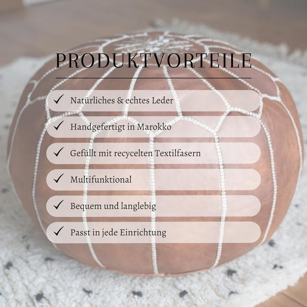 Marokkanischer Echtleder Pouf - Cognac Braun - Handgefertigt - gefüllt geliefert - Ottoman Sitzsack