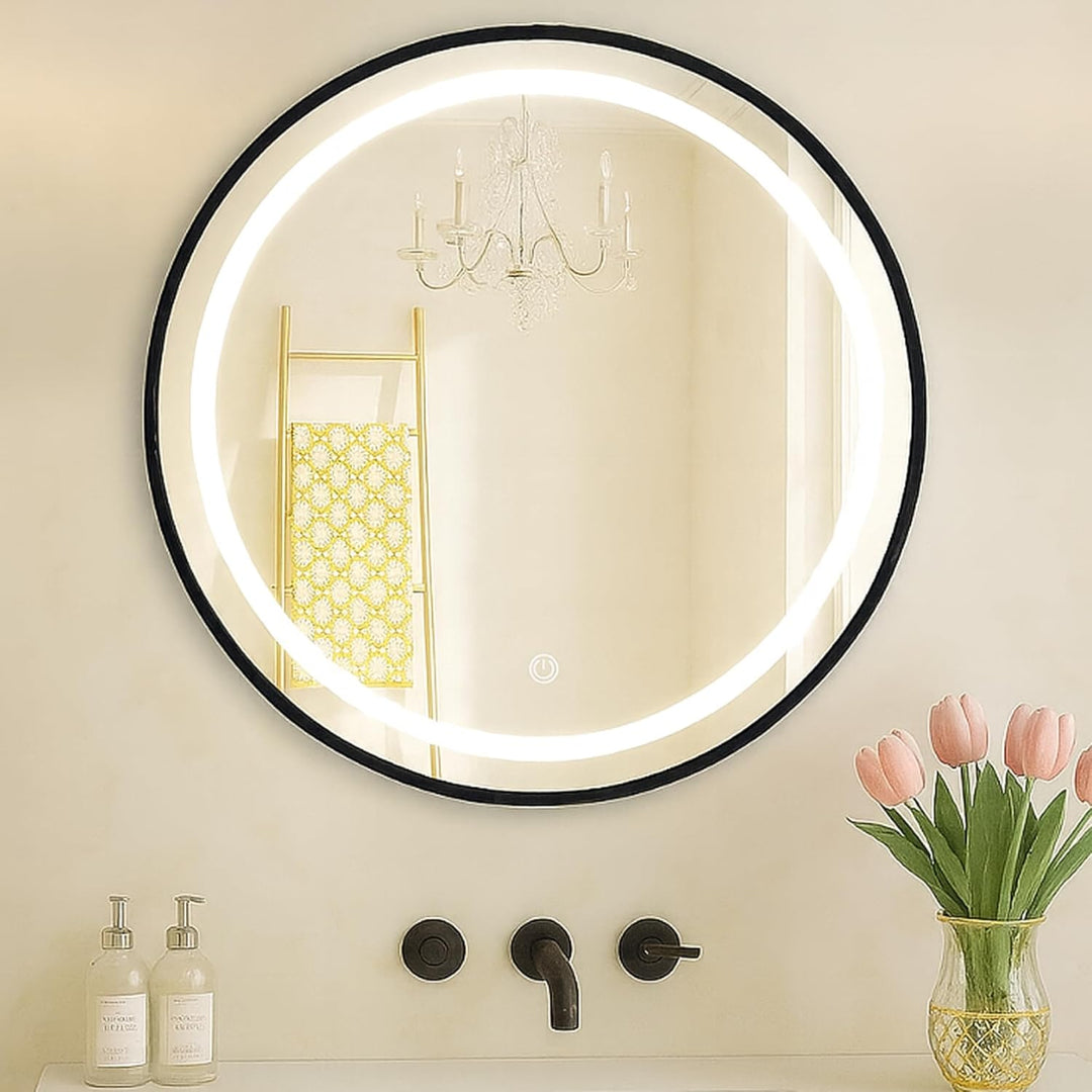 SensaHome Runder LED-Badezimmerspiegel – Dimmbare Wandspiegel mit Beleuchtung – Metallrahmen – 2700K