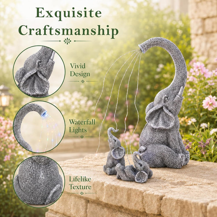 Yeomoo Elefanten Deko Gartenfiguren mit Solar Lichterkette Aussen: Elefant Mutter mit 2 Baby Elefant