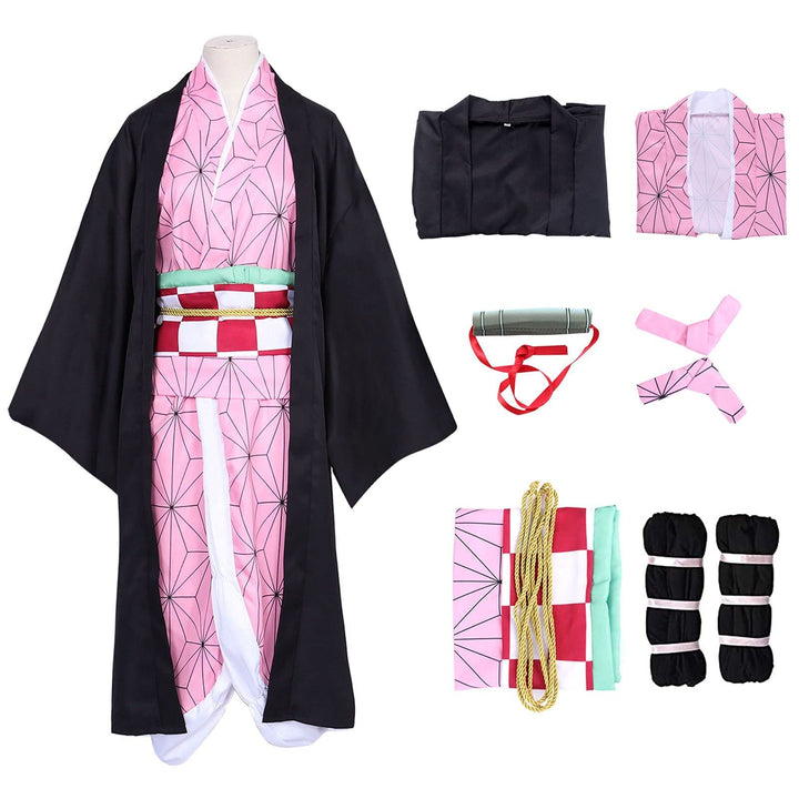Formemory Nezuko Cosplay Kostüm Anzug Herren 8PCS Nezuko Kimetsu no Yaiba Kimono Halloween Anime kos